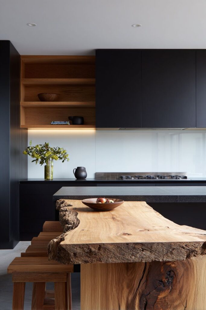 Minimalist Handle-less Design with Live-edge Wooden Breakfast Bar