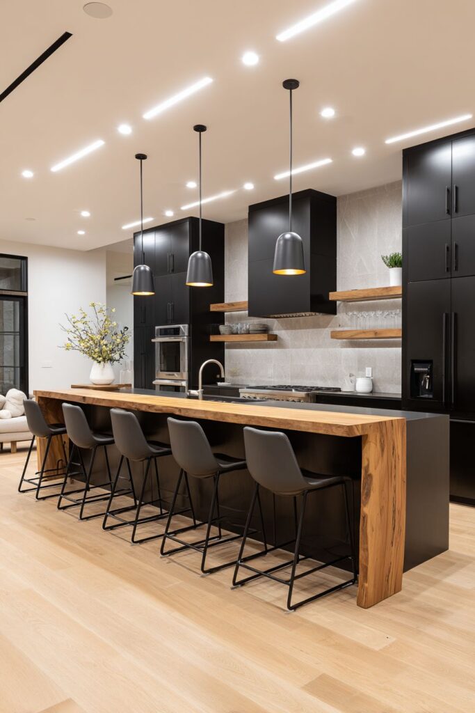 Minimalist Handle-less Design with Live-edge Wooden Breakfast Bar