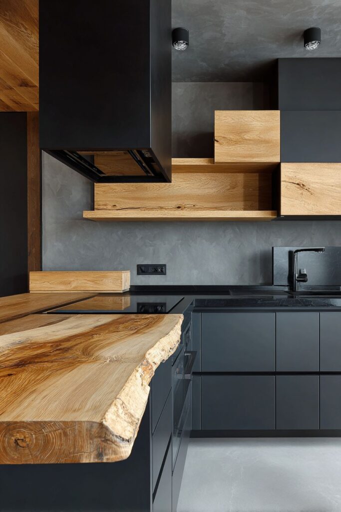 Minimalist Handle-less Design with Live-edge Wooden Breakfast Bar