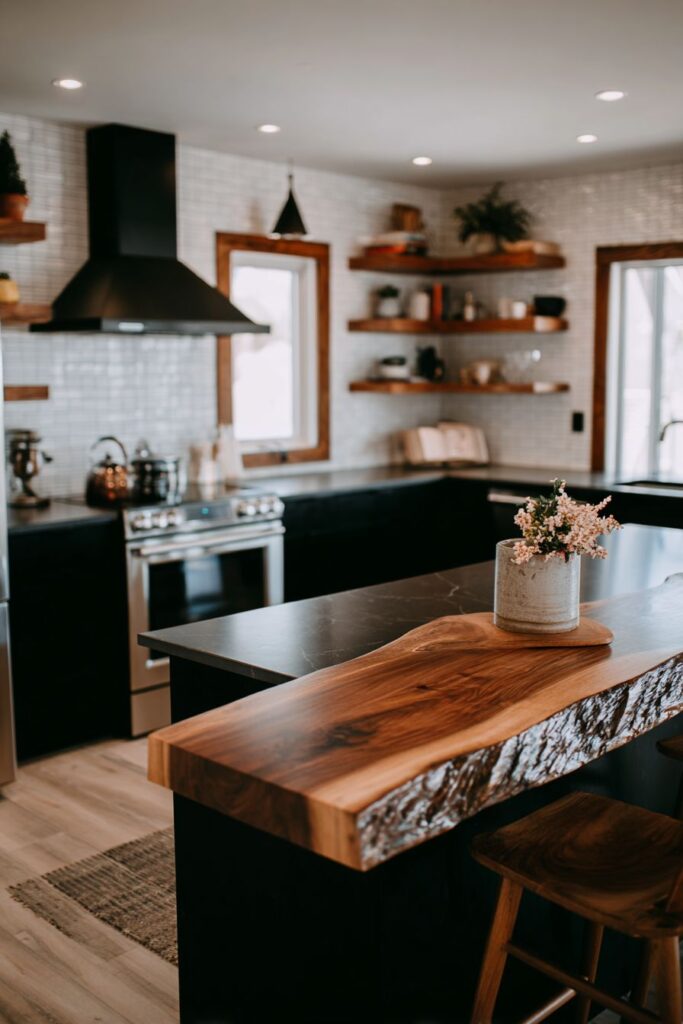 Minimalist Handle-less Design with Live-edge Wooden Breakfast Bar