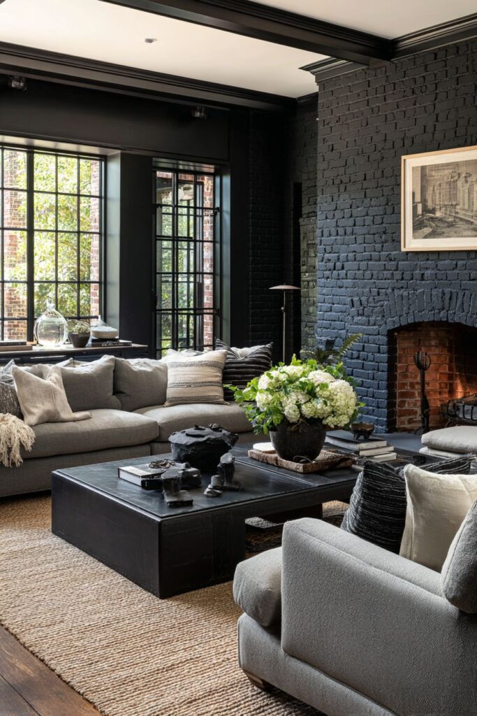 Dramatic Black Brick Fireplace Wall