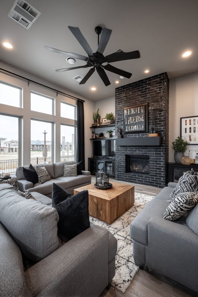 Dramatic Black Brick Fireplace Wall