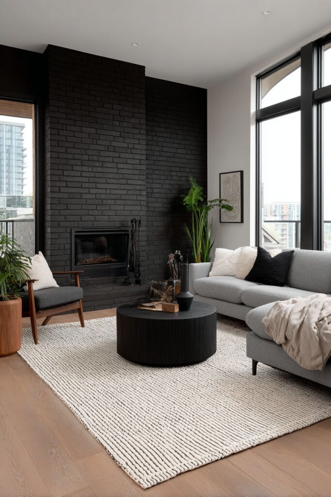 Dramatic Black Brick Fireplace Wall