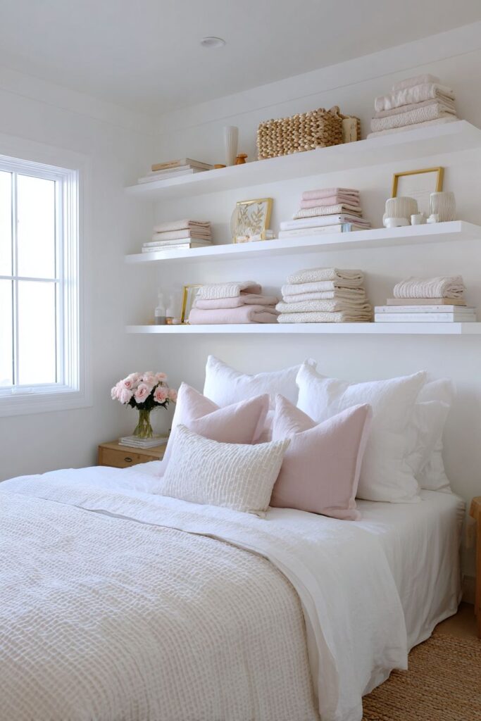 Small Bedroom with Dusty Rose Storage Solutions
