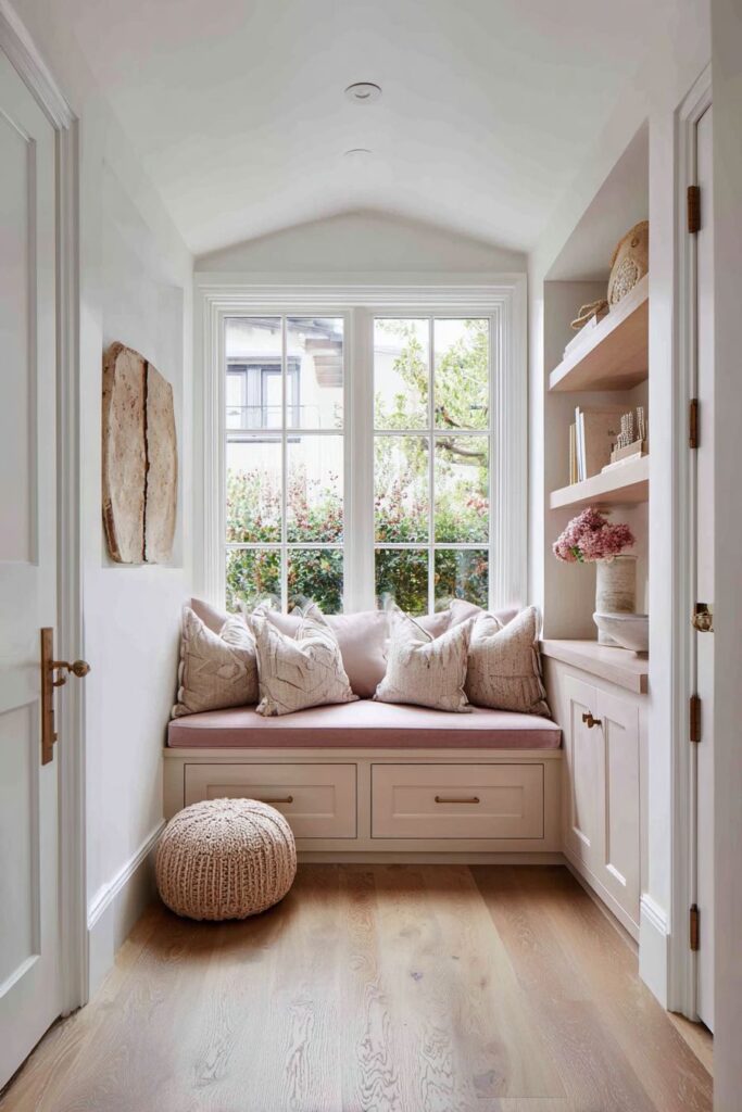 Small Bedroom with Dusty Rose Storage Solutions