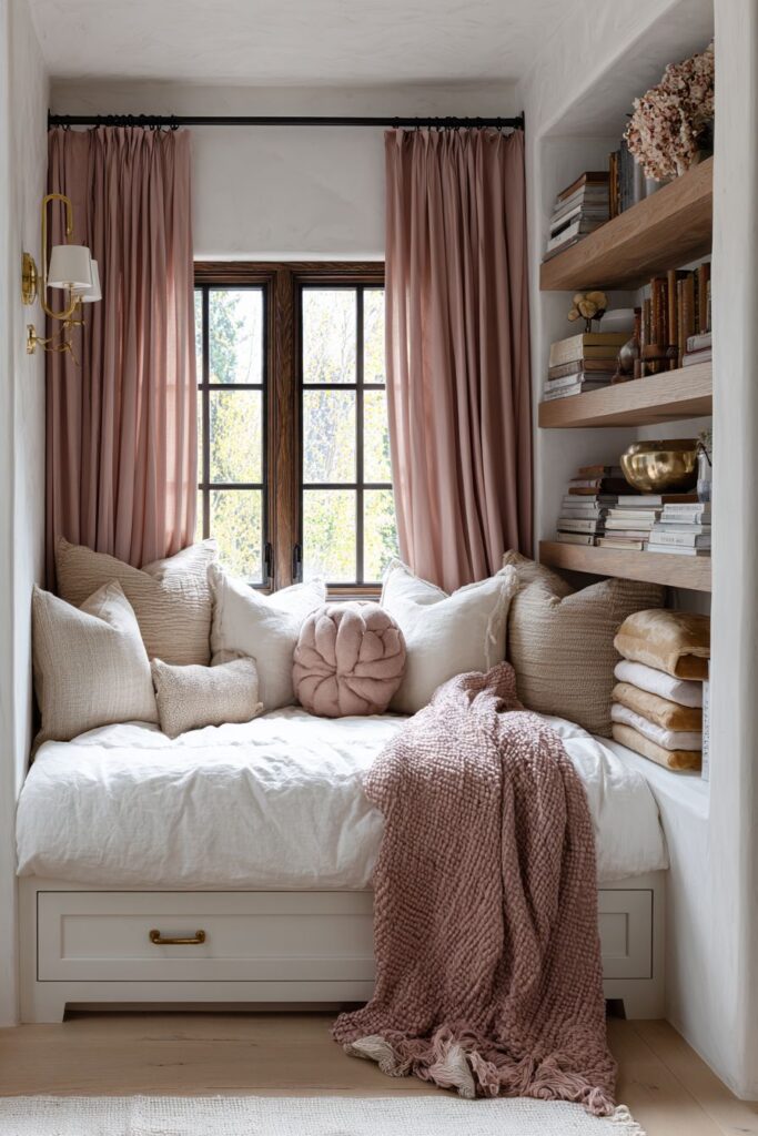 Small Bedroom with Dusty Rose Storage Solutions