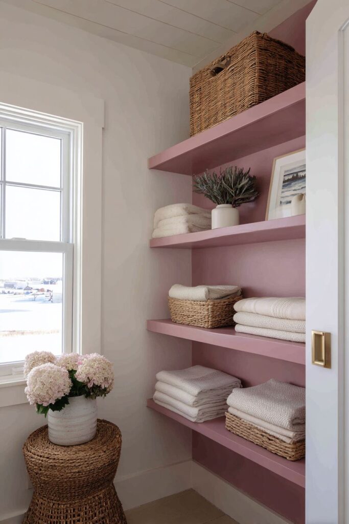 Small Bedroom with Dusty Rose Storage Solutions