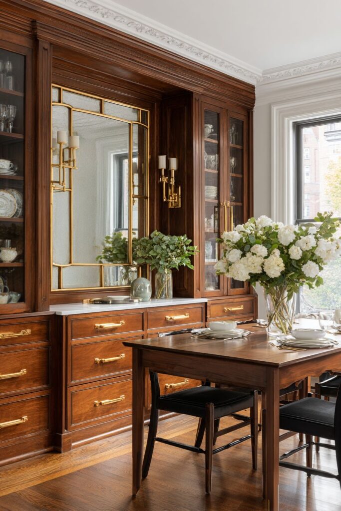 Built-in Storage with Coordinated Gold Hardware