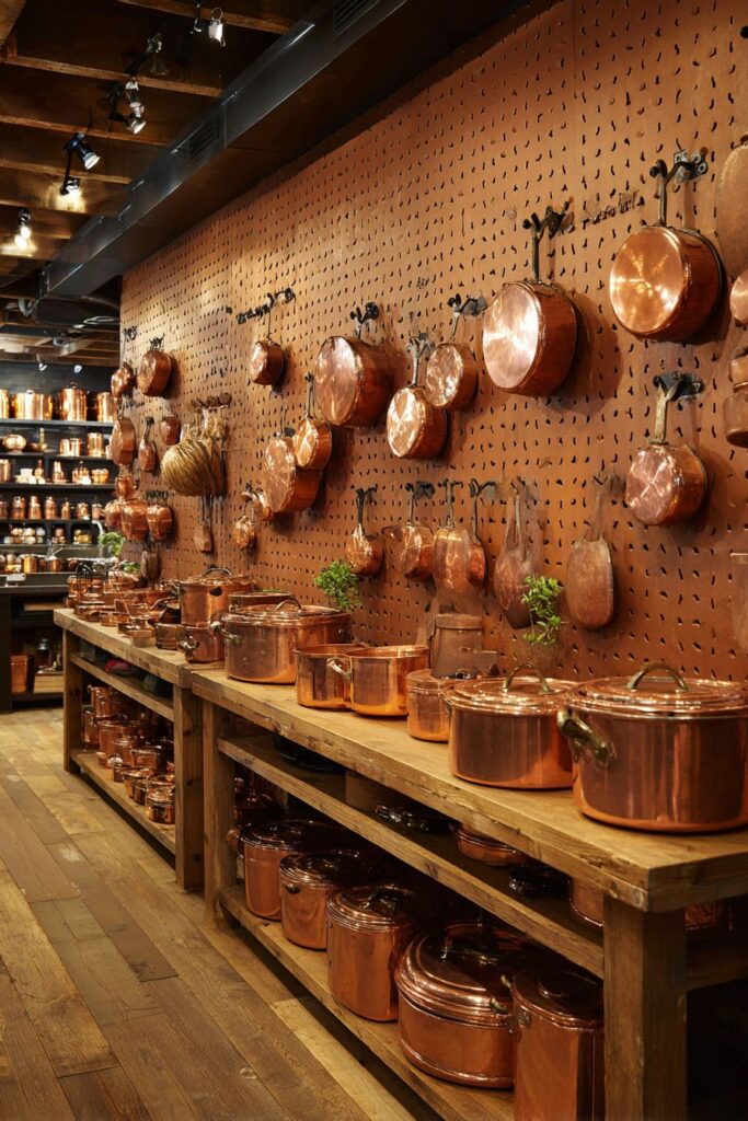 Vintage Copper Cookware Pegboard Display