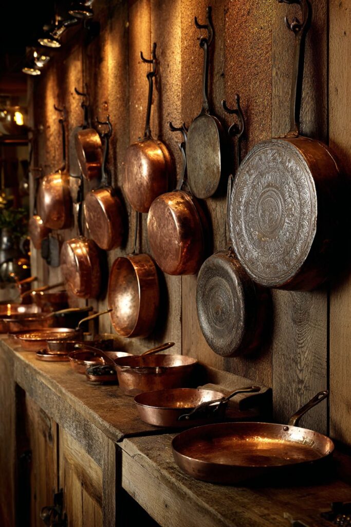 Vintage Copper Cookware Pegboard Display