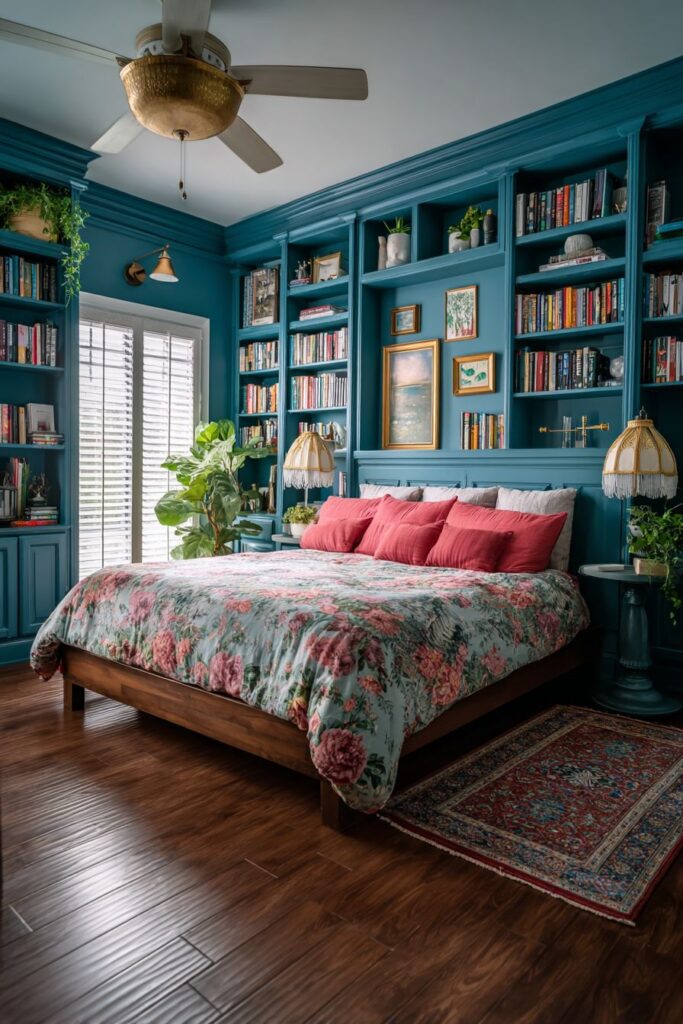 Teal Shelving Sanctuary with Persian Treasures