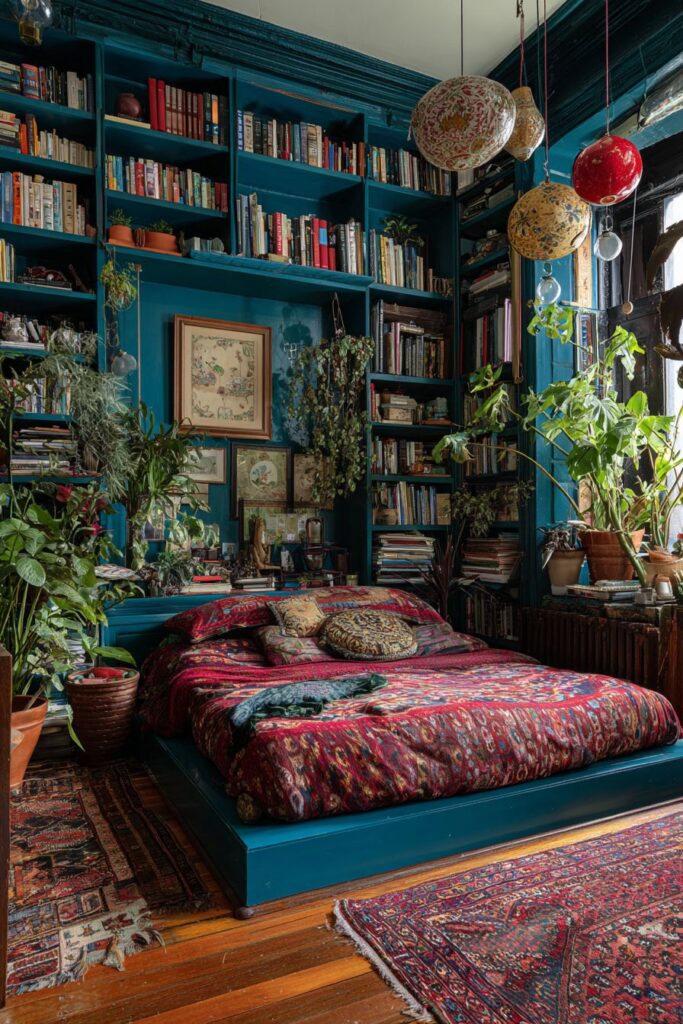 Teal Shelving Sanctuary with Persian Treasures