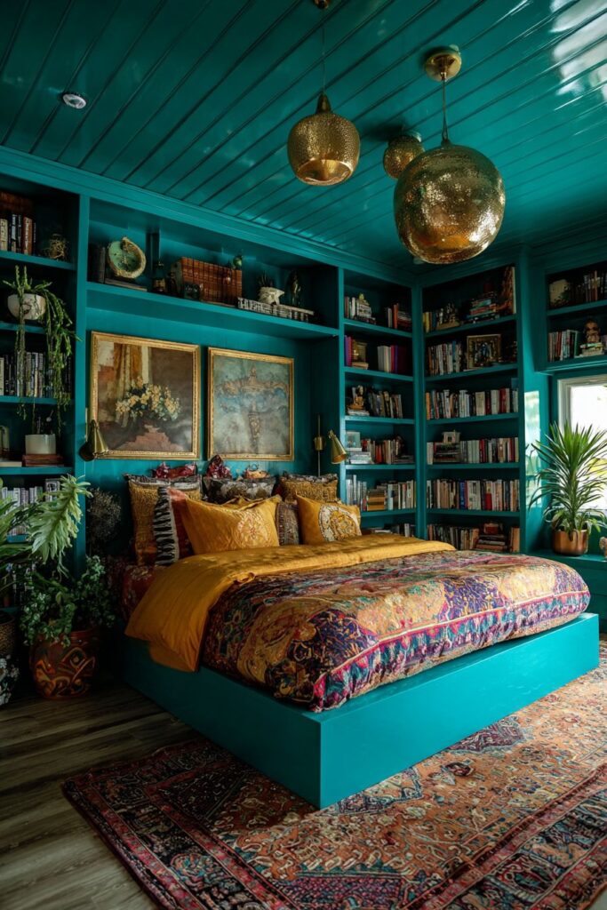 Teal Shelving Sanctuary with Persian Treasures