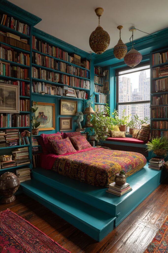 Teal Shelving Sanctuary with Persian Treasures