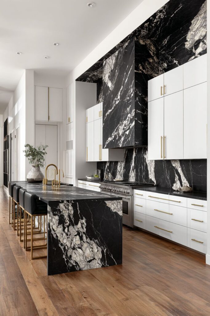 Dramatic Black Marble and Gold Accent Contrast