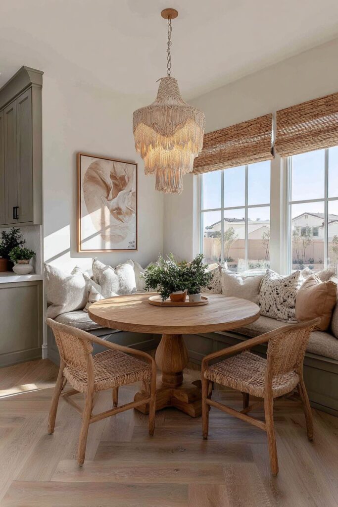 Sage Green Banquette with Bamboo Roman Shades