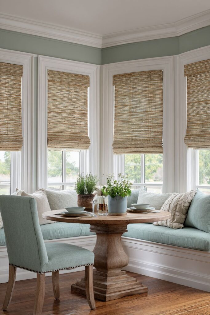 Sage Green Banquette with Bamboo Roman Shades