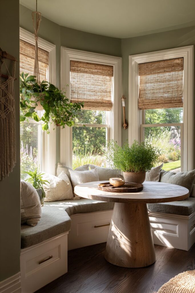 Sage Green Banquette with Bamboo Roman Shades