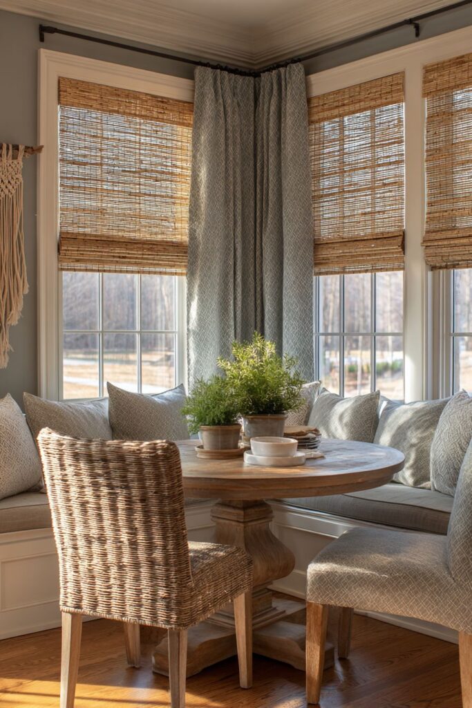 Sage Green Banquette with Bamboo Roman Shades