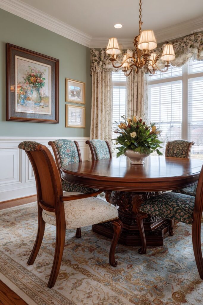 Round Pedestal Oak with Toile Sophistication