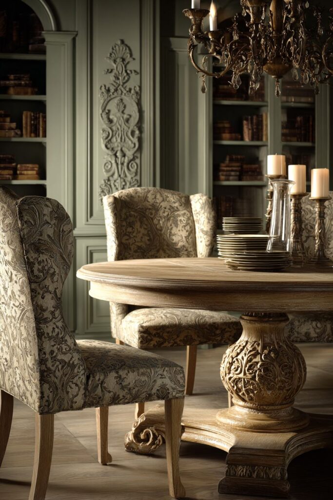 Round Pedestal Oak with Toile Sophistication