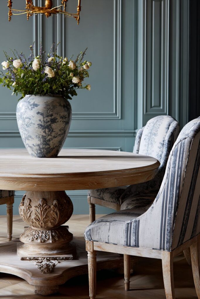 Round Pedestal Oak with Toile Sophistication