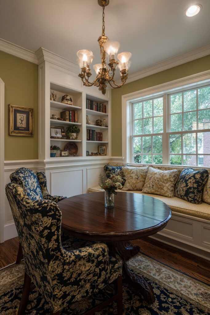 Round Pedestal Oak with Toile Sophistication