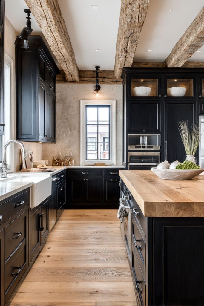 Modern Farmhouse Black Cabinets with Exposed Wooden Ceiling Beams