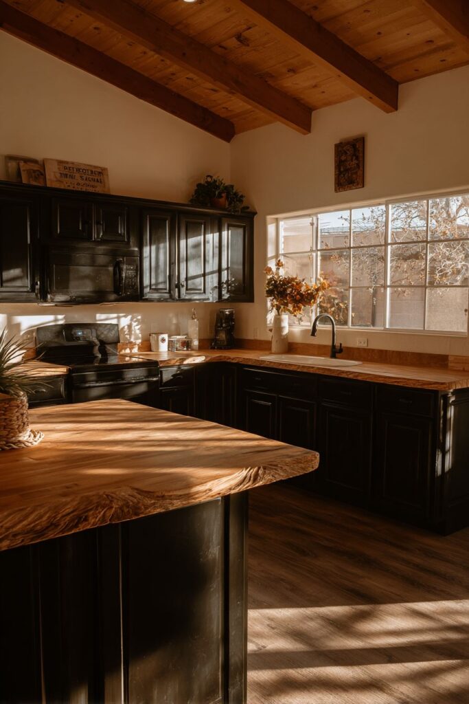 Modern Farmhouse Black Cabinets with Exposed Wooden Ceiling Beams