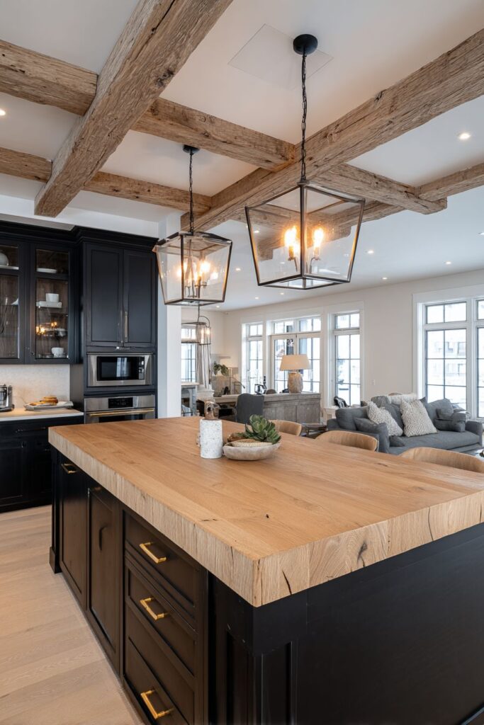 Modern Farmhouse Black Cabinets with Exposed Wooden Ceiling Beams