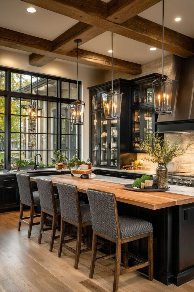 Modern Farmhouse Black Cabinets with Exposed Wooden Ceiling Beams