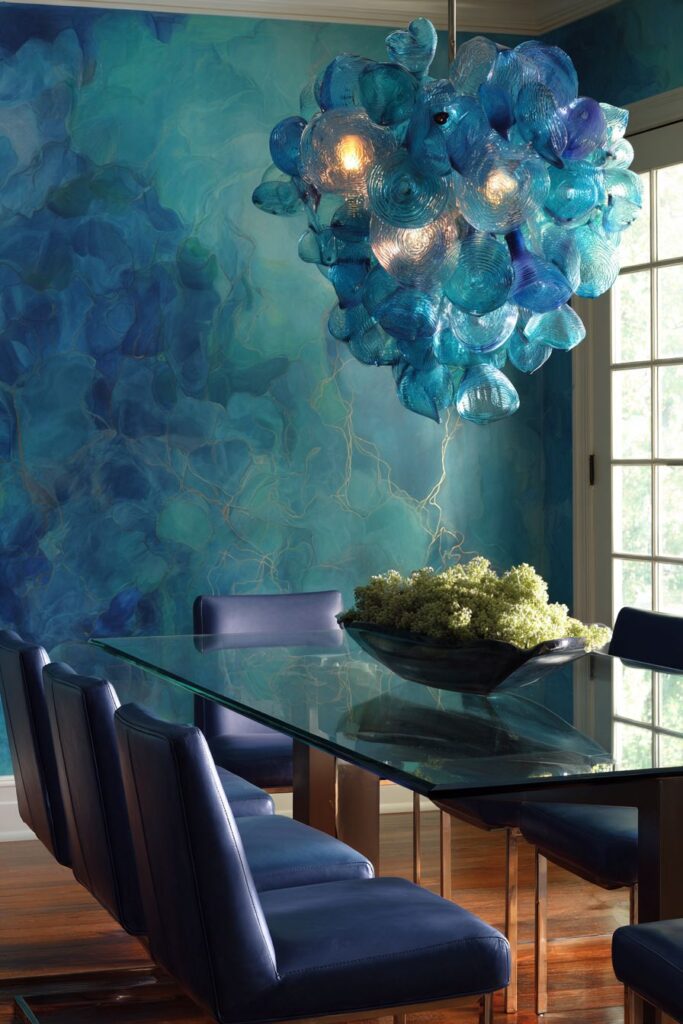 Bold Teal Wallpaper with Contemporary Glass Table
