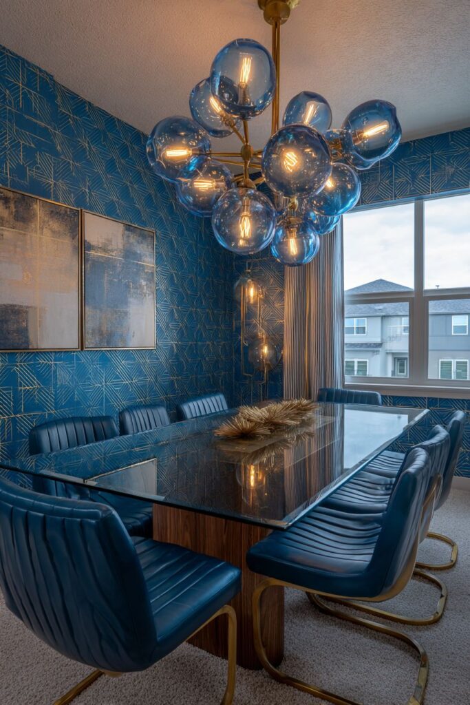 Bold Teal Wallpaper with Contemporary Glass Table