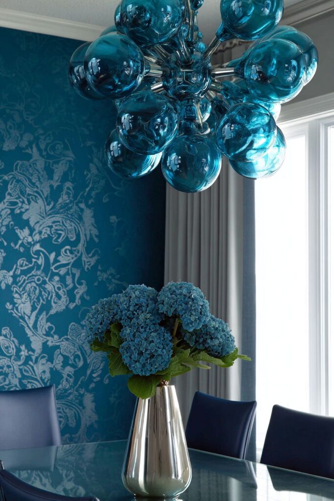 Bold Teal Wallpaper with Contemporary Glass Table