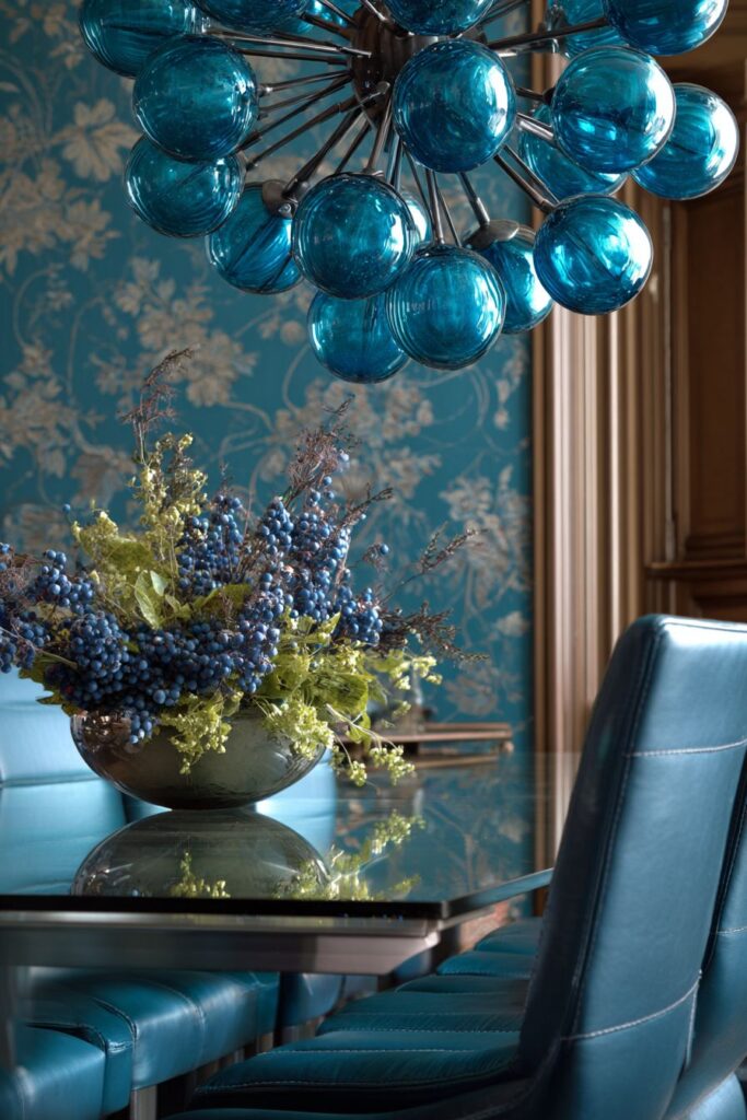 Bold Teal Wallpaper with Contemporary Glass Table