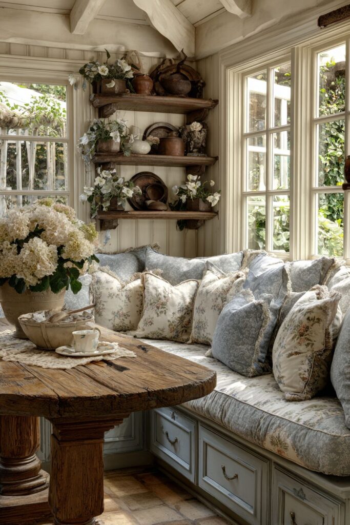 Built-In Banquette Breakfast Nook with Stenciled Walls