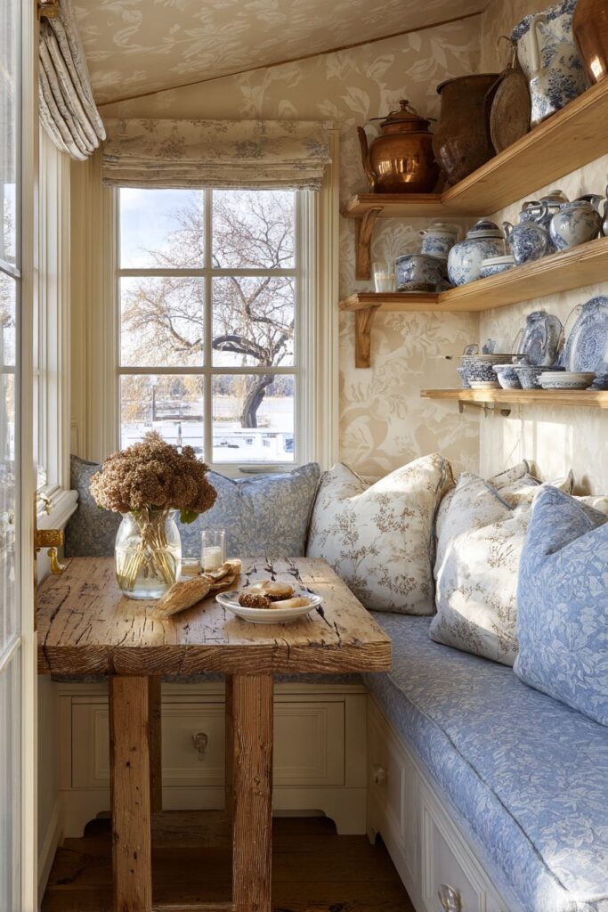 Built-In Banquette Breakfast Nook with Stenciled Walls