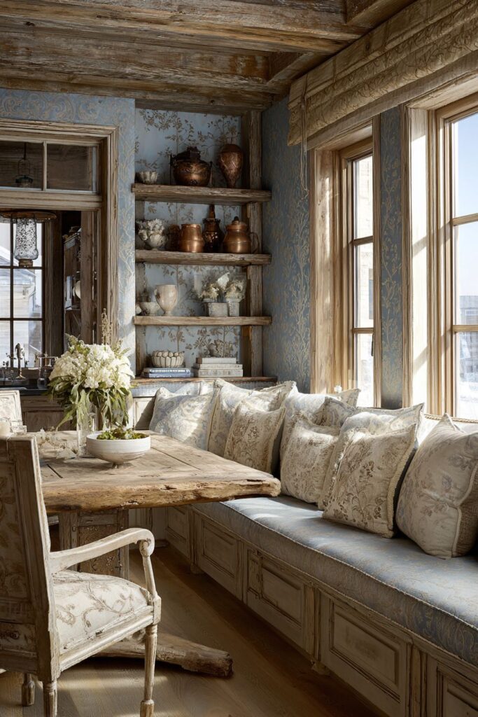 Built-In Banquette Breakfast Nook with Stenciled Walls