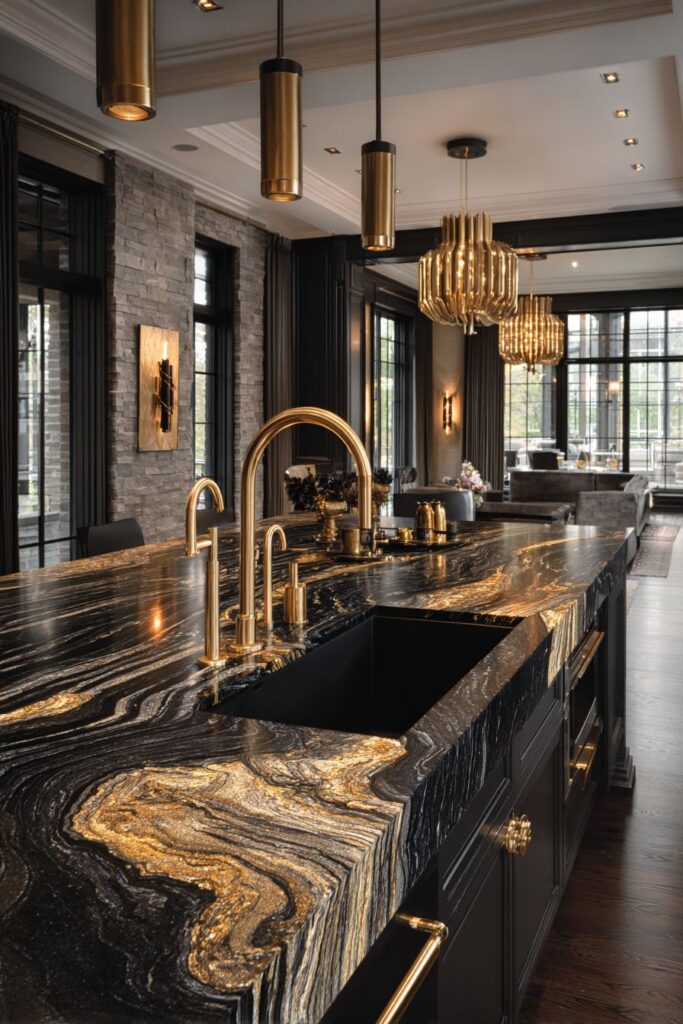 Luxurious Kitchen with Dramatic Black Granite Island