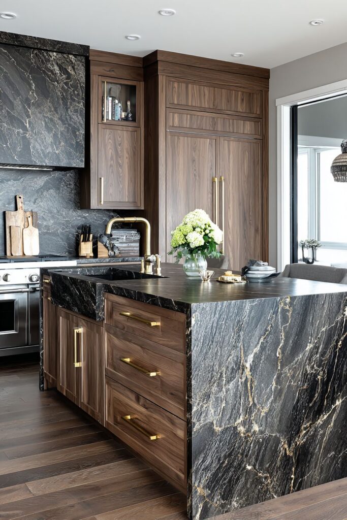 Luxurious Kitchen with Dramatic Black Granite Island