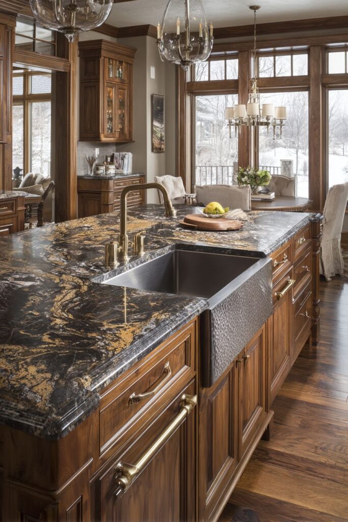 Luxurious Kitchen with Dramatic Black Granite Island