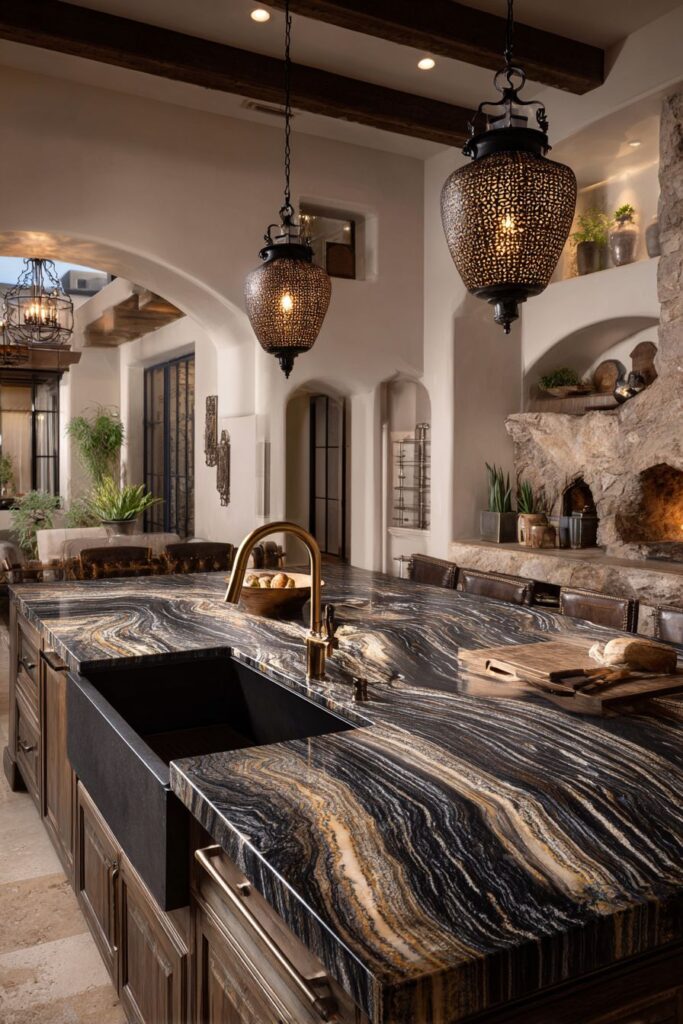 Luxurious Kitchen with Dramatic Black Granite Island