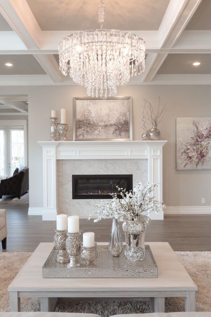 Crystal Chandelier Grandeur with Linear Fireplace Innovation