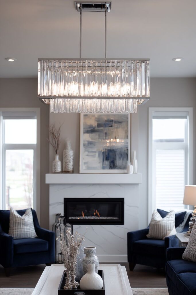 Crystal Chandelier Grandeur with Linear Fireplace Innovation
