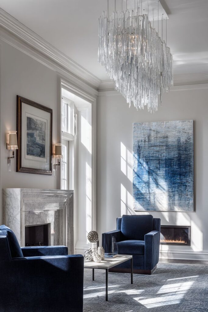 Crystal Chandelier Grandeur with Linear Fireplace Innovation