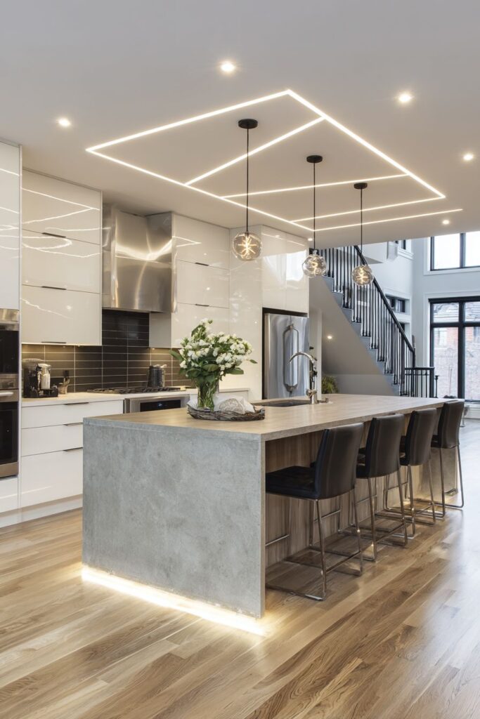 Linear Design with Contrasting Handleless Cabinets