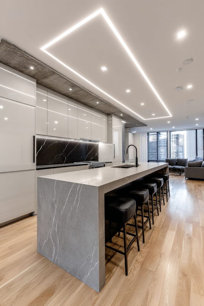 Linear Design with Contrasting Handleless Cabinets