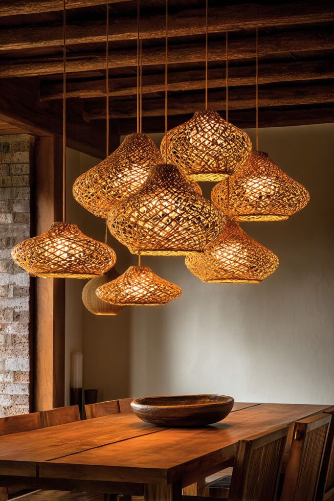 Woven Pendant Light Collection Above Teak Table