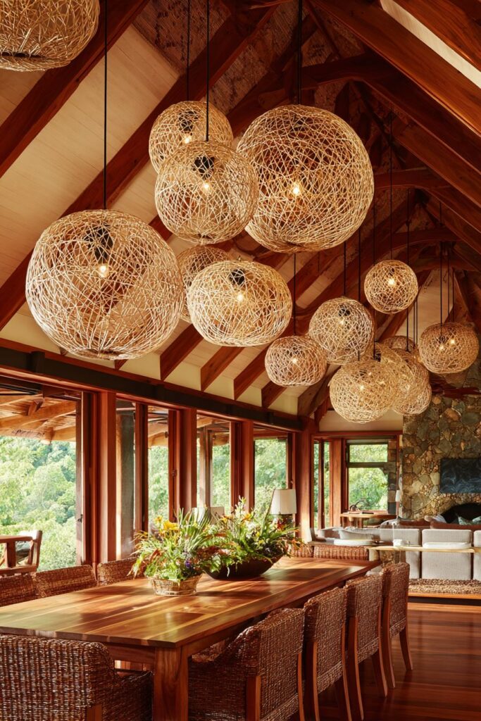 Woven Pendant Light Collection Above Teak Table