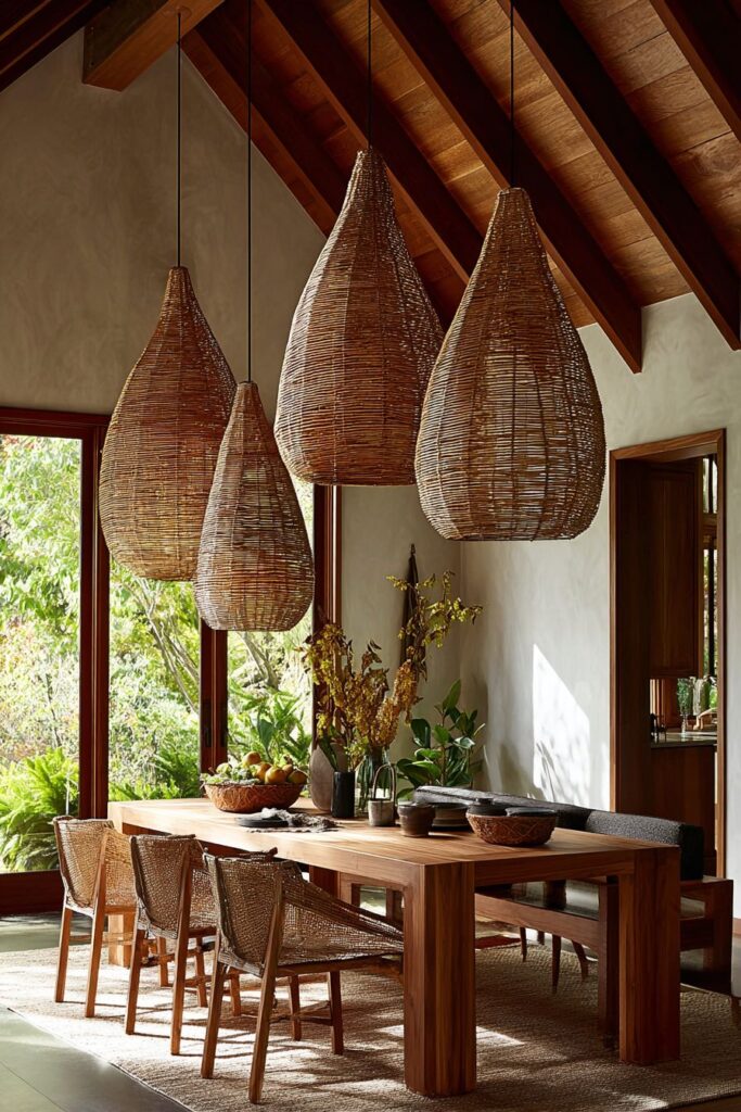 Woven Pendant Light Collection Above Teak Table